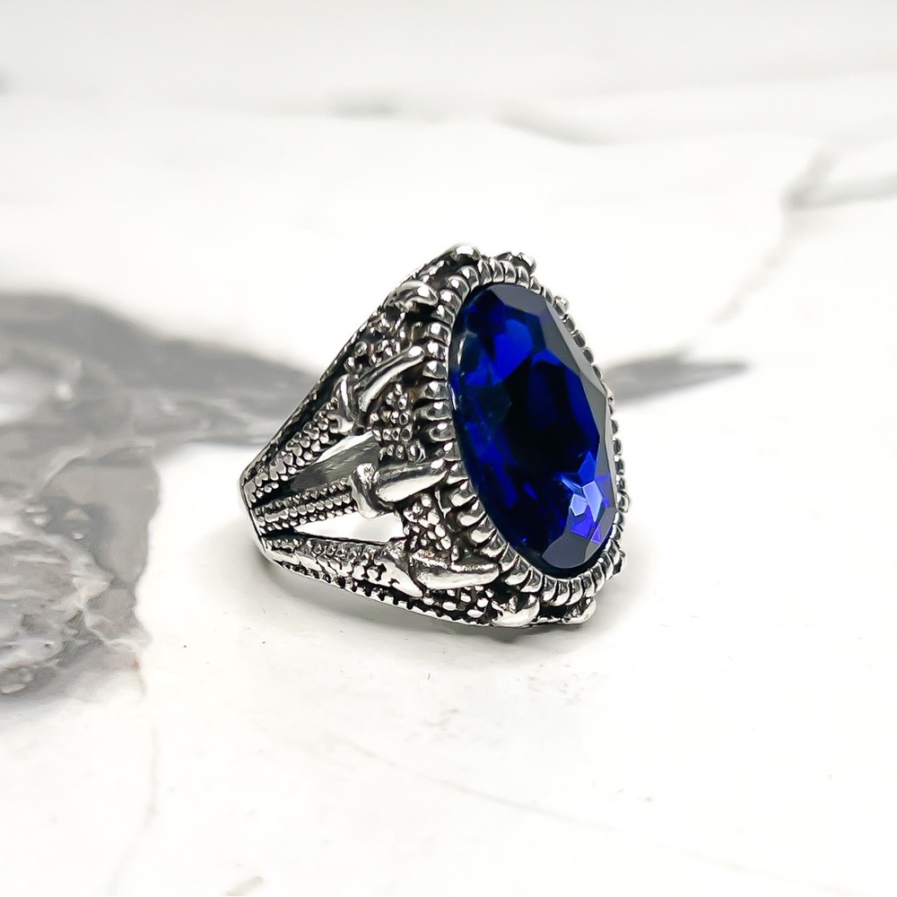 ✦ Men’s Chunky Tribal Blue Rhinestone Stainless Steel Statement Claw Ring